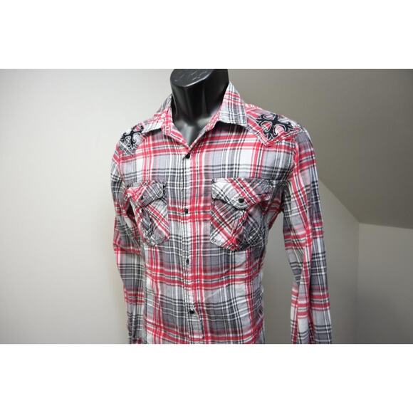 Pop Icon Western Pearl Snaps Shirt Casual Plaid Long Sleeve Mens Size Small - Picture 2 of 7